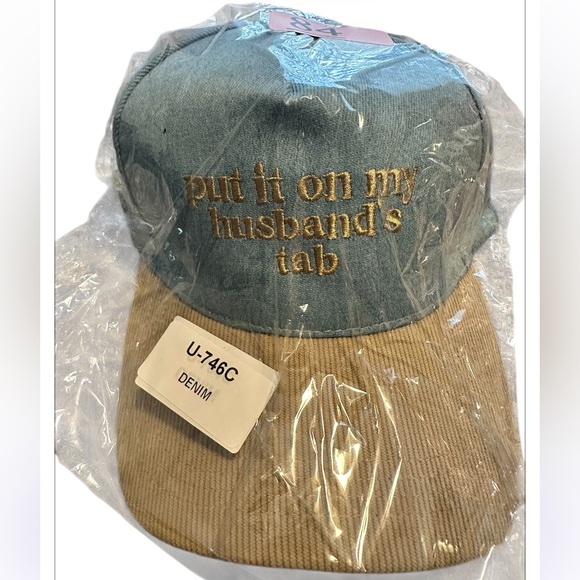 Botique Accessories - Denim and Tan Corduroy Ball Cap “Put On My Husband Tab” NWT